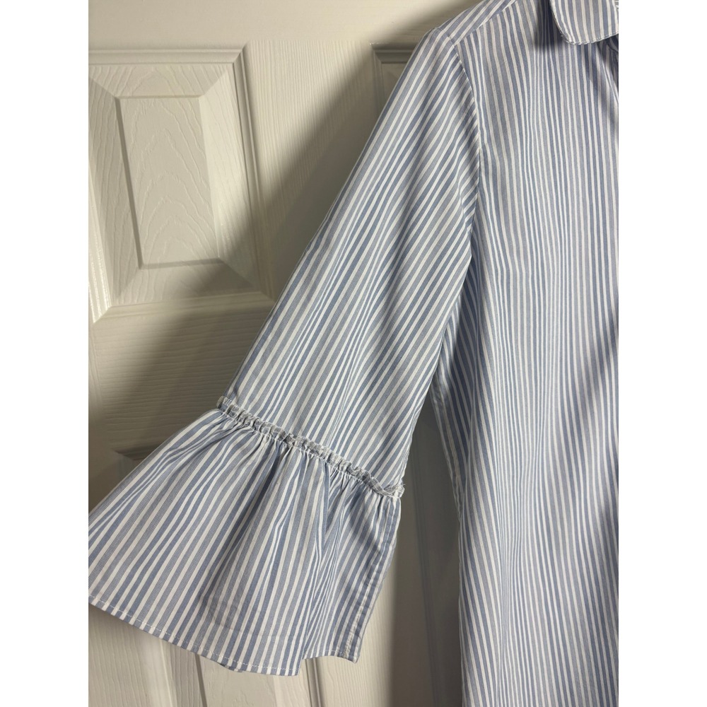 Chico's Blue White Striped Bell Sleeve Ruffle Button Down Shirt Size 1 Medium - Picture 2 of 6